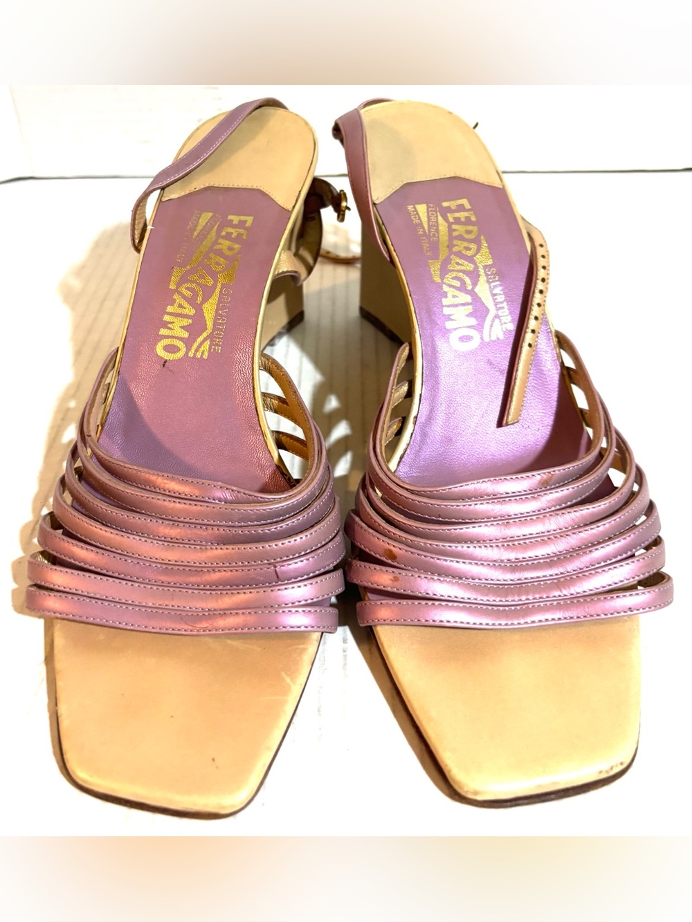 Salvatore Ferragamo Metallic Pink Strappy Block Heel Sandals